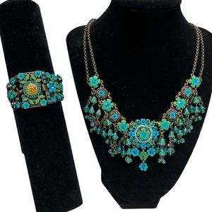 MX TURQUOISE & GREEN ENAMEL FLOWER & CRYSTAL NECKLACE AND MATCHING BRACELET